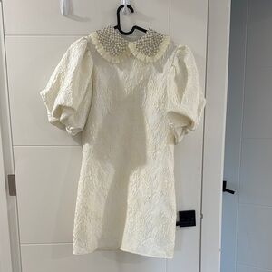 Pearl-Embellished Ivory Textured Mini Dress